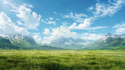 Obraz premium Panoramic natural landscape with green grass field, blue sky with clouds and mountains in background.