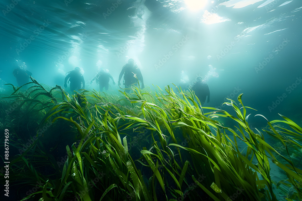 Wall mural Underwater view of a group of seabed with green seagrass. 