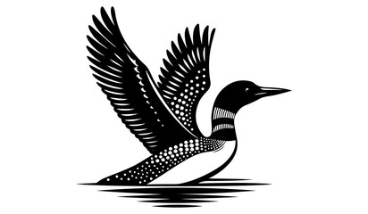Flying Duck loon silhouette vector illustration, hand draw goose icon