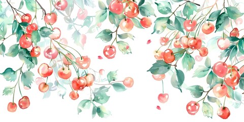 Watercolor graphic art with cherries flowers branches and leaves in a design. Concept Watercolor, Graphic Art, Cherries, Flowers, Branches, Leaves, Design