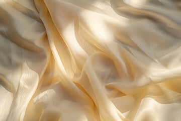 Closeup of crumpled beige silk fabric with natural light with shadow from window. 