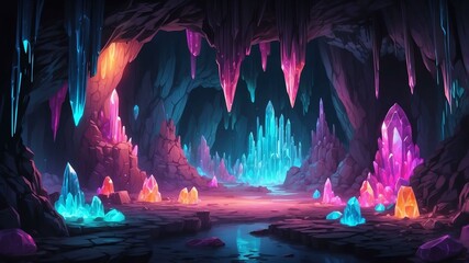 Fototapeta premium neon crystal cave underground cave with glowing neon c Retro neon background theme