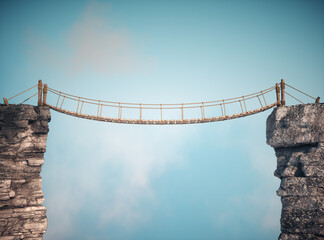 Old bridge over between two big rocks. This is a 3d render illustration