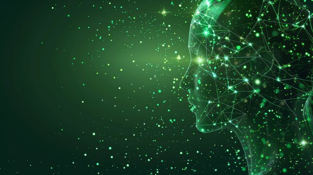 Artificial intelligence and modern technology concept. Glowing human face on a green background. AI learning, virtual data network and cybersecurity.