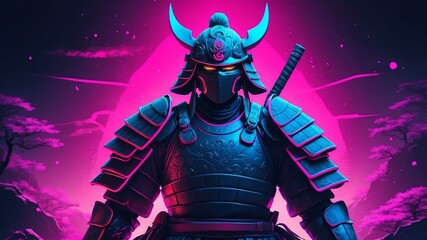 Fototapeta premium neon samurai samurai warrior in traditional armor with Retro neon background theme