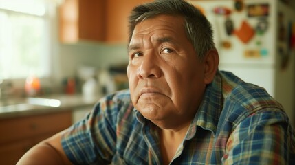 Obraz premium Contemplative Middle Aged Native American Man in Plaid Shirt, Reflective Mood at Home