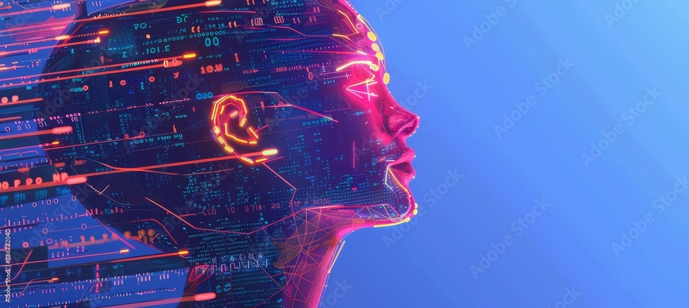 Sticker abstract digital human face. artificial intelligence concept of big data or cyber security.