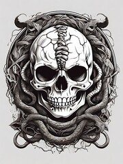 skull and snake artwork, t-shirt design, illustration, bold line art, illustration, sticker