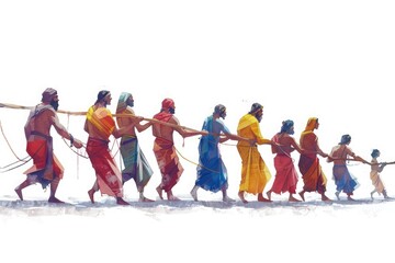 Obraz premium Indian simple geometric style an illustration of a group of people are pulling a long pole