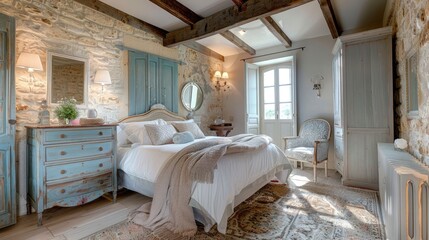french country interior design of modern bedroom in farmhouse with vintage furniture for a rustic and elegant atmosphere