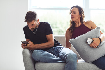 Photo of two people woman use smartphone try explain something