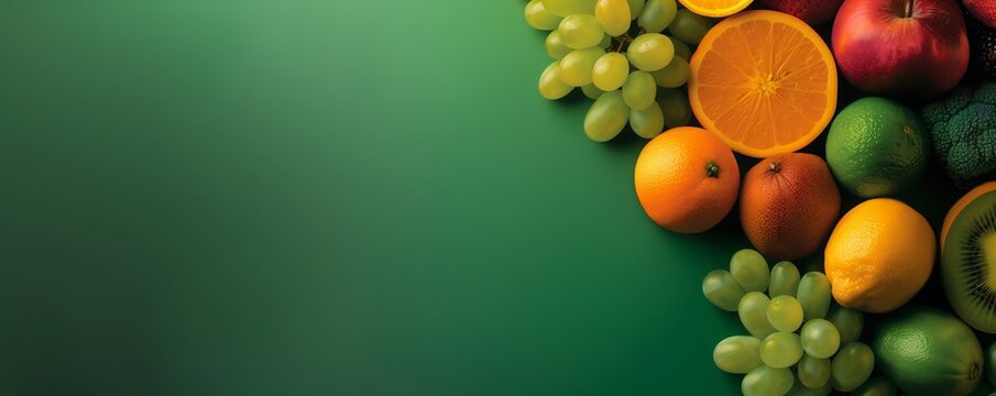 Assorted fruits- grapes, oranges, limes, and red apple- on green background - Powered by Adobe