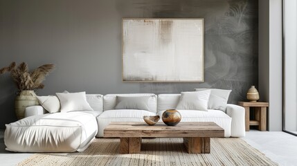 elegant minimalist home interior design of modern living room with wooden square coffee table white sofa grey wall and art poster for a sophisticated atmosphere