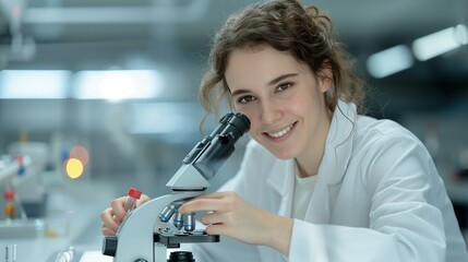 Happy scientist in a lab coat conducting experiments with a microscope. Diverse researchers showcasing innovation and teamwork in a state-of-the-art laboratory. Portrait, Realistic Photo, High