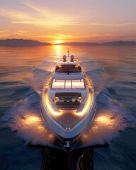 Luxury yacht cruising at sunset with a stunning view.