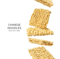 Creative layout made of Chinese noodles on the white background. Food concept. Macro concept.