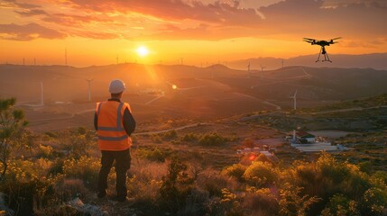 Obraz premium A man in an orange vest stands on a hill overlooking a field of wind turbines