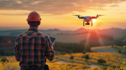 A man in a red helmet is looking at a drone flying in the sky