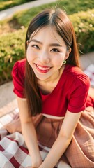 Fototapeta premium Portrait of a smiling young woman in a red shirt sitting on a picnic blanket