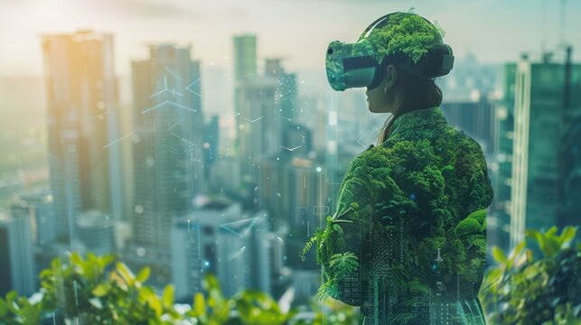 A woman in a green suit stands in front of a cityscape with trees and buildings - Powered by Adobe