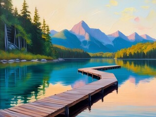 Obraz premium A serene lake scene in vibrant oil paint