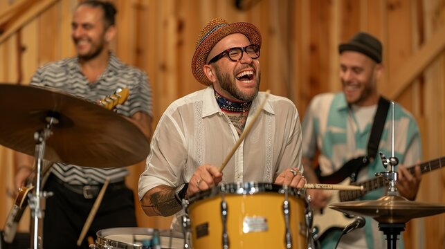 Joyful musician in a recording studio playing an instrument and recording tracks. Diverse band members creating harmonious music and showcasing talent in a dynamic studio. Portrait, Realistic Photo,