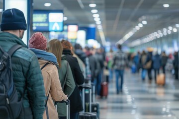 A long line of people were waiting at an airport crowd of travelers standing in a line that stretched into the distance There were many individuals waiting patiently with luggage in hand Generative AI
