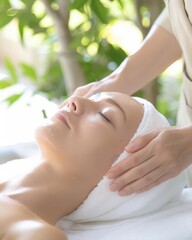 Fototapeta premium Woman receiving a relaxing facial massage at a spa.