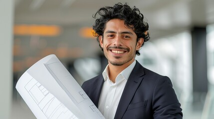 Smiling architect in a suit holding architectural plans at a construction site. Diverse design team collaborating on innovative projects and showcasing creativity and skill. Portrait, Realistic