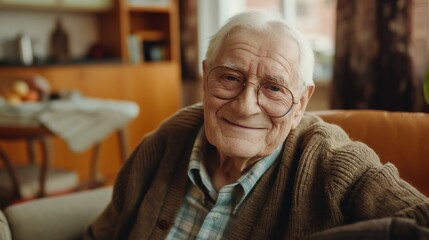 Relaxed Western European Elderly Man in Cozy Home Setting with Warm Lighting, Perfect for Lifestyle and Family Concepts