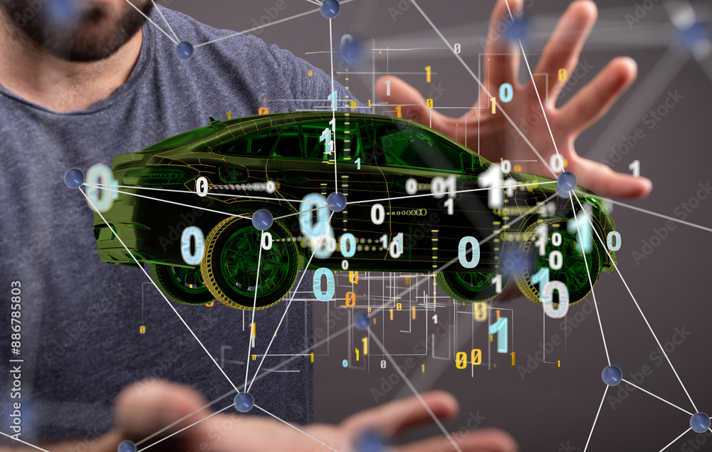 Poster Autonomous car with HUD graphic of Navigation system driving