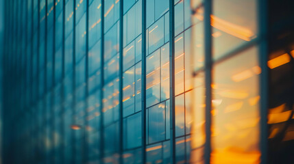 Minimalistic blurry background of a high-rise office building facade with soft window lights.