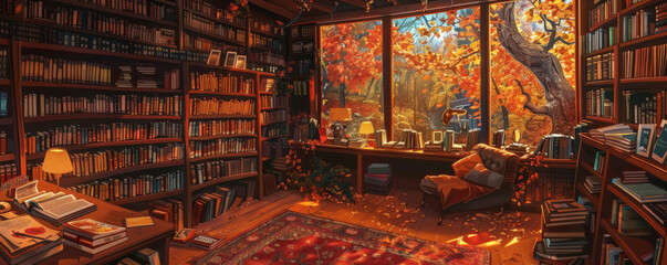A cozy autumn bookshop with warm lighting, shelves filled with books, and a comfy reading nook for