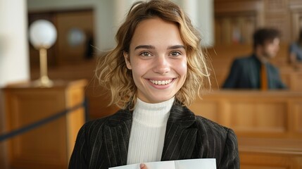 Smiling lawyer in a suit holding legal documents in a courtroom. Diverse legal professionals advocating for justice and demonstrating expertise with confidence and positivity. Portrait, Realistic