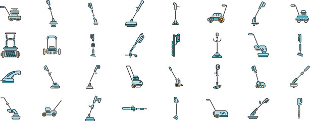 Garden trimmer icons set outline vector. Care cutter. Farm equipment thin line color flat on white