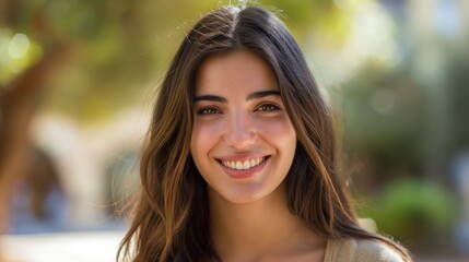 Obraz premium Smiling Greek Young Woman with Long Dark Brown Hair Outdoors, Suitable for Print Design, Card, Poster
