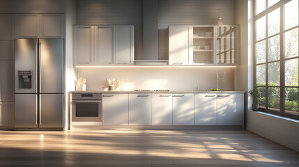 A kitchen with a large window and a stainless steel refrigerator