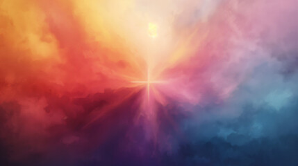 Fototapeta premium A colorful painting of a cross with a rainbow background