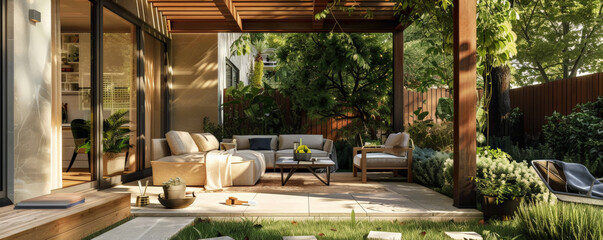 Fototapeta premium A chic outdoor living space with a pergola, stylish outdoor furniture, and a mix of potted plants