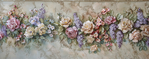 An intricate pattern of flower blossoms, including irises and lilacs, is painted on a stucco wall. The detailed flowers in soft, delicate colors create a beautiful mural.