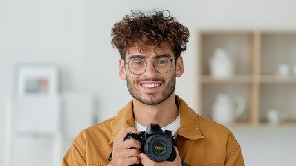 Joyful photographer in a studio holding a camera and capturing moments. Diverse creative professionals showcasing talent and passion in a dynamic and inspiring workspace. Portrait, Realistic Photo,