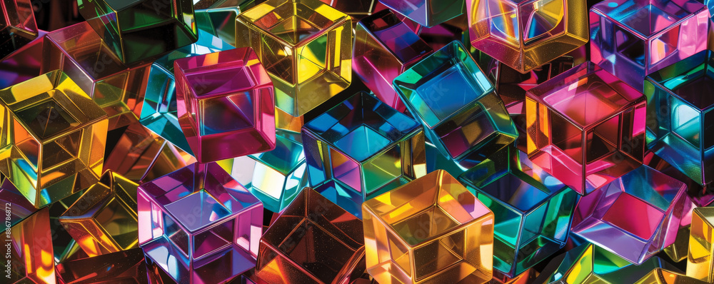 Poster a vibrant geometric pattern with multicolored glass cubes, forming a kaleidoscopic design on a dark 