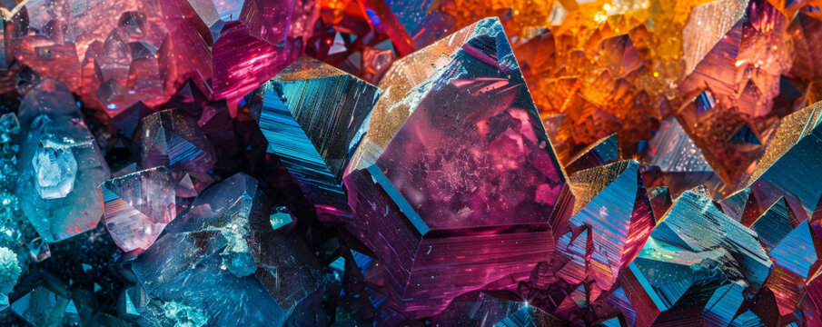 A stylized background featuring rare earth minerals with a focus on their crystalline structures and vibrant colors. Elements like thulium, holmium, and erbium are prominently displayed, creating a