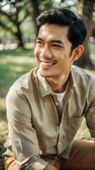 Portrait of a young man smiling in a park