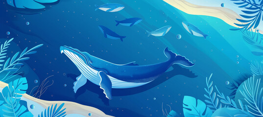 The Ocean horizontal background with blue humpback, Illustration