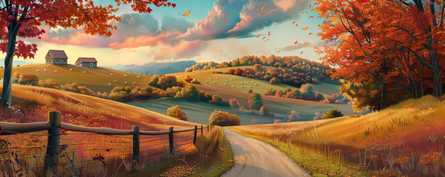 A picturesque autumn drive through the countryside with rolling hills, vibrant foliage, and a winding road leading to new adventures.