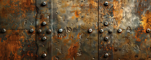 A grunge texture background with rusty metal panels, rivets, and corrosion, highlighting industrial