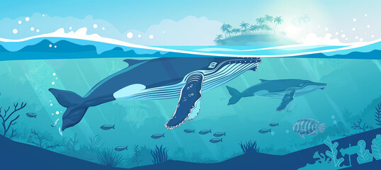 Obraz premium The Ocean horizontal background with blue humpback, Illustration