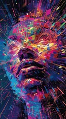 Abstract digital art of a human face with vibrant, colorful and energetic light patterns. Futuristic and visually captivating design.