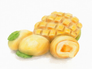 Digital watercolor illustration of mango mochi and mint leaves. Food illustration. Idea for menus, postcards, print, sketchbook, etc.